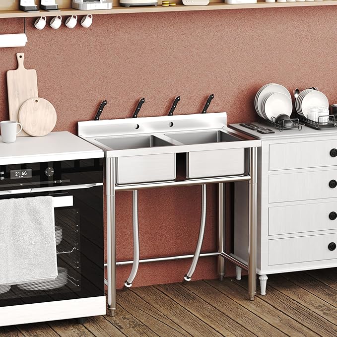 Zstar Stainless Steel Utility Sink, Commercial Restaurant Freestanding Double Bowl Laundry Sink, NSF Certificated, Outdoor Camping Stainless Steel Sink Set for Garage, Restaurant, Backyard (36in)
