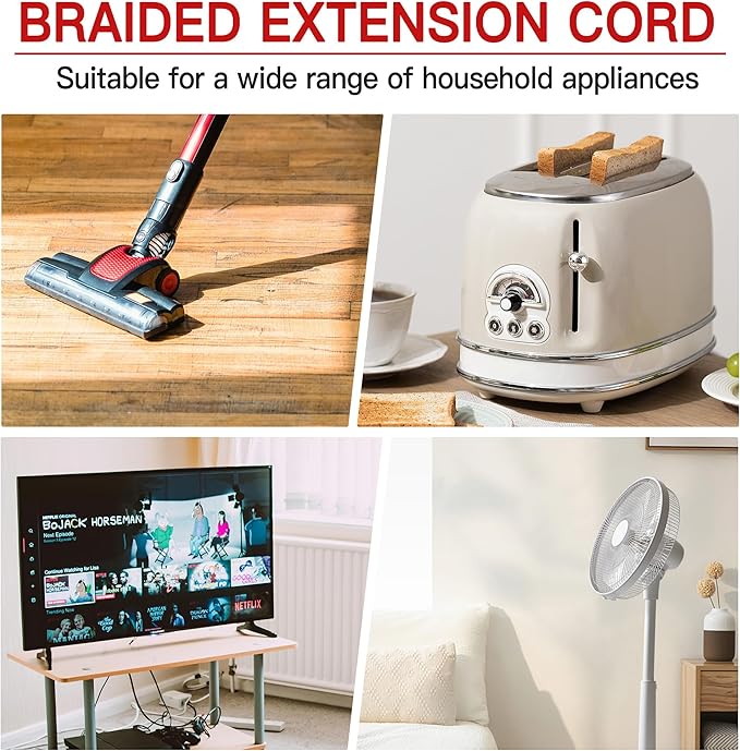 16/3 Flat Plug Braided Extension Cord 6 FT, Indoor 3 Prong Grounded Low Profile Extension Wire Flexible, Suitable for Home and Office, 13 Amp 1625 Watt 125VAC 16AWG, ETL Listed