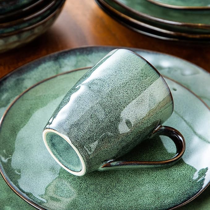 TEmkin 16 Pieces Starlight Green Tableware??, Kiln Glazed Tableware Tableware with Dinner Plate, Dessert Plate, Bowl, Cup