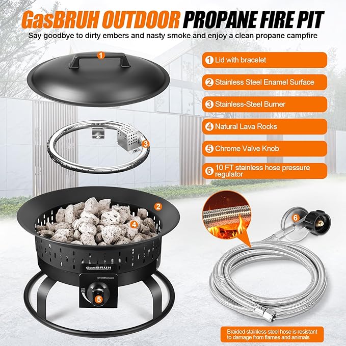 19″ Outdoor Portable Propane Fire Pit with Grill Grate, Cover&Carry Kit,Fireplace,60,000 BTU Camping Propane Firepit,Portable Gas Fire Pit for Outside Patio,Camping,RV,Smokeless Gas Firebowl