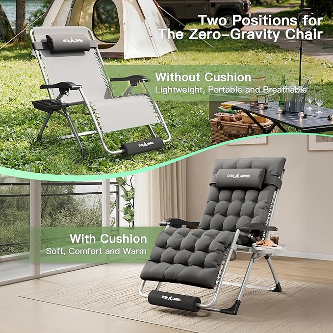 Amopatio Oversized Zero Gravity Chair, XL 29In Reclining Camping Lounge Chair w/Removable Cushion&Headrest, Upgraded Lock and Footrest, Folding Patio Recliner for Indoor Outdoor, Dark Grey