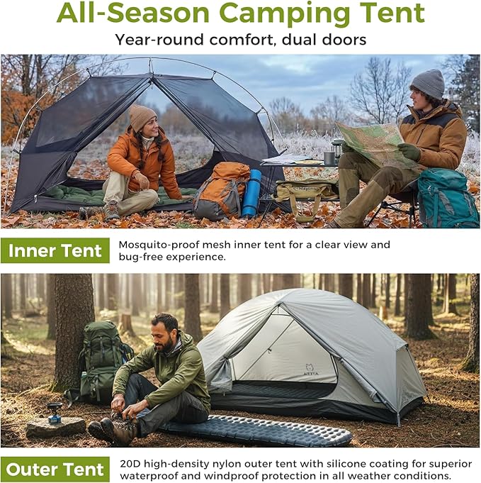 ATEPA Voyage 1-2 Person Backpacking Tent, 4 Season Ultralight Camping Tent, 4000mm Waterproof Double Layer Cold Wearther Easy Set Up Tent for Family Camp Hiking Hunting Outdoor Mountaineering Travel