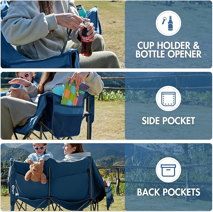 PORTAL Double Camping Chair, 2 Person Folding Loveseat for Adults, Padded Cushion Camp Lawn Love Seat with Side Pocket Portable Couch, Two Person Heavy Duty Wide Chairs with Cup Holder, 600 lbs