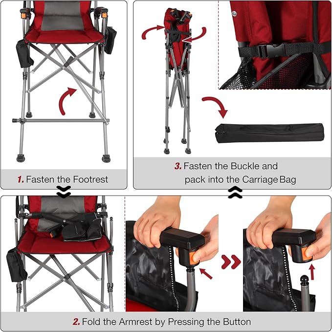 Extra Tall Folding Chairs for Adults 2 Pack, Portable Bar Height Foldable Director Chairs for Camping Outside, Comfortable with Makeup Pocket, High Back and Footrest,Red