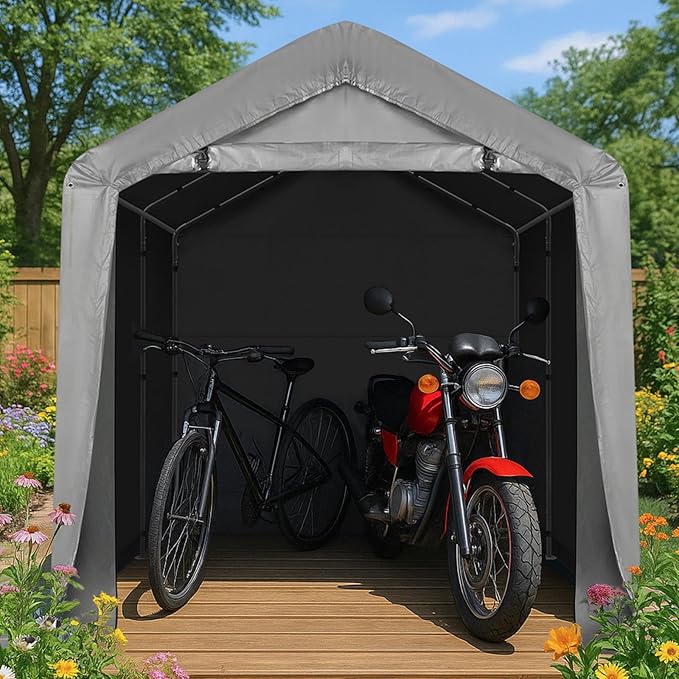 VINGLI Outdoor Portable Storage Shed, Heavy Duty Bike Tent with Roll-up Zipper Door, Waterproof and UV Resistent Carport for Motorcycle, Garden Tools and Firewood (Gray, 8x8x6.7 FT)