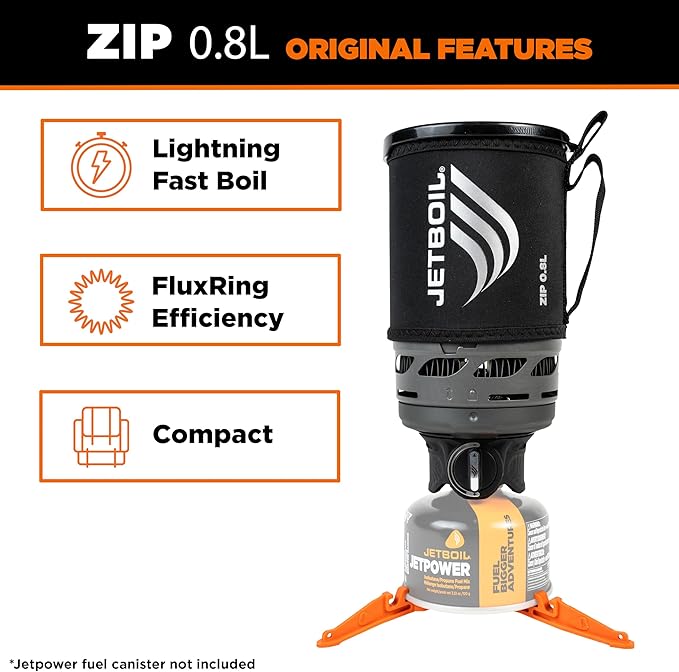 Jetboil Zip 0.8L Portable Fast Boil Stove with Easy-Turn Knob Igniter for Backpacking and Camping, Propane/Isobutane Burner