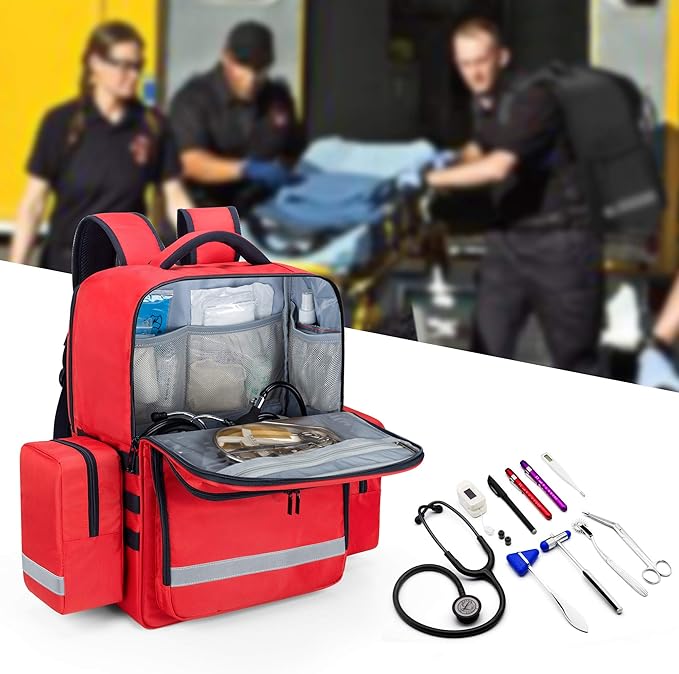 Trunab Emergency Medical Backpack Empty, EMT Camping Molle Bag with Detachable Side Pocket and No-Slip Bottom for Camping, Hiking, Traveling, Daycare, Red, Bag Only