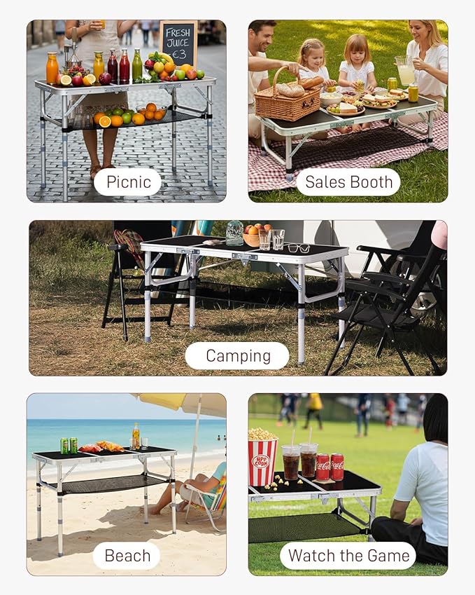 Outvita Folding Table, 3FT Aluminum Camping Table with Storage Adjustable Height Picnic Table Lightweight for Carring Outdoor Party Events Beach