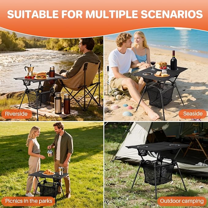 FUNYKICH Camping Table with Cup Holders and Mesh Storage Net, 23.2''x15.8''x20.1'' Lightweight Portable Folding Camp Table, Ideal for Camping, Hiking, Tailgating, Beach, Picnic, Travel, Backyard
