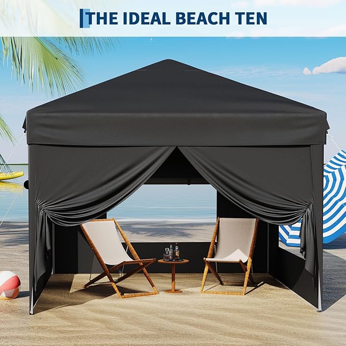10x10 Pop Up Canopy Tent with 4 SideWalls, Easy Up Canopy with 3 Adjustable Height, Outdoor Sun Shade with 4 Sandbags & Carrying Bag for Camping, Parties,Outdoor Events-Black