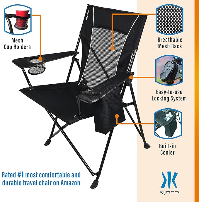 Kijaro Dual Lock Portable Chair with Cooler - Vik Black, Folding, Camping, 300 lb Capacity, 2 Cup Holders