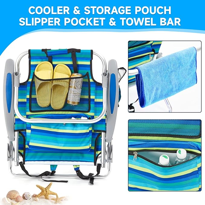 4PC Portable Beach Chair for Adults, 5 Position Backpack Folding Camping Chairs for Outdoor, Beach Chairs with Backpack Straps, Striped