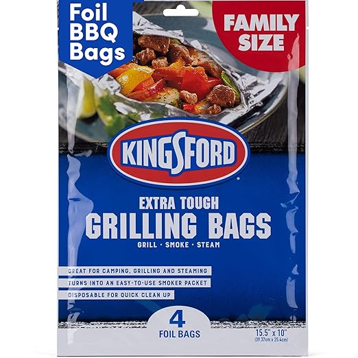 Kingsford Extra Tough Grilling Bags, Heavy Duty Aluminum Foil Bags for Grill and Oven Cooking, Steam and Smoke Food Prep, Disposable BBQ Cooking Bags for Easy Cleanup, 15.5 x 10 In, 4 Count
