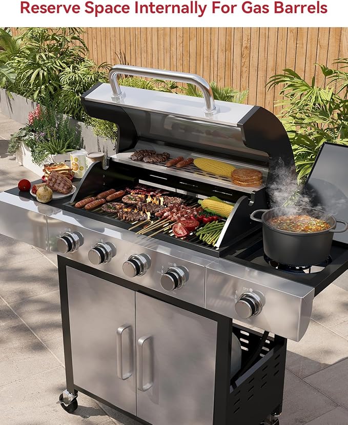 Aoxun 4-Burner Propane Grill with Side Burner, 49000 BTU Gas Grill, Stainless Steel Outdoor Grill with Cast Iron Grates & Side Tables for Backyard, Patio, Camping, Black and Silvery