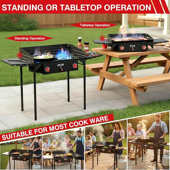 Bestfire 2 Burner Camping Stove with Windpanel& Side Shelves, Bag, Auto Ignition Button,Regulator,150,000 BTU High Pressure Camping Stove Propane Burner With Removable Legs for Outdoor BBQ&Backyard