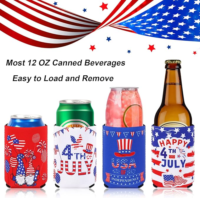 4th of July Can Cooler Sleeves, 18pcs American Flag Beer Drink Can Bottle Cooler Sleeves Collapsible for Fourth of July Coozies Bulk Independence Day Party Decorations Supplies Favors