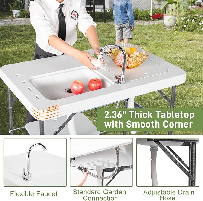40" Folding Fish Cleaning Camping Table w/Faucet & Sink, Outdoor Portable Fillet Station w/Grid Frame, Knife Groove, Multifunctional Washing Table for Camping or Kitchen, White