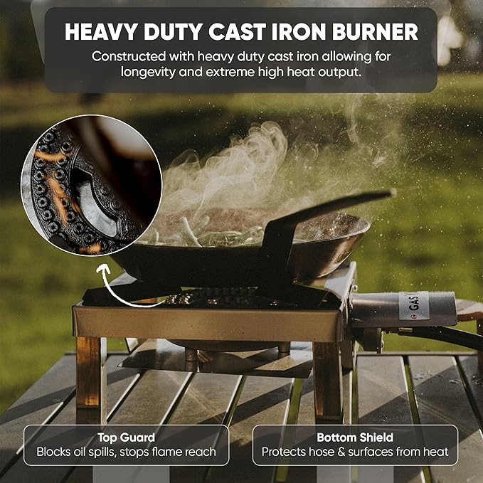 GasOne Stainless Steel Single Propane Burner - Outdoor Cooking with Heat Shield and Guard – Propane Burner Head for Camping, Tailgating, Seafood Boil, Home Brewing - Patent Pending
