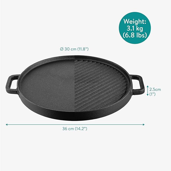 Navaris Reversible Cast Iron Grill/Griddle - 12"(30cm) Pre-Seasoned with Handles, Flat & Ribbed Griddle Plate, Perfect for Stove, Grill, Oven, Campfire, Outdoor Cooking, Heavy-Duty