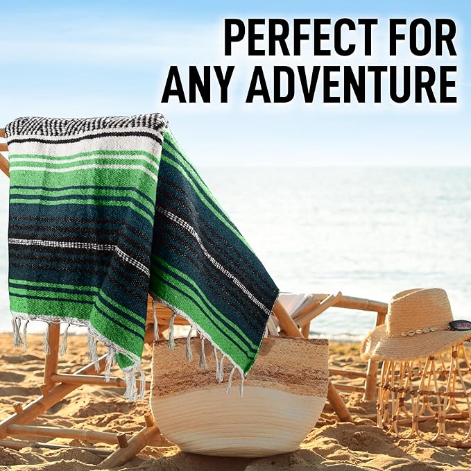 Hydration Nation Authentic Extra Large Mexican Blanket (70"x50") - Handwoven Yoga, Serape- Artisanal Falsa, Beach, Camping, Picnic, Outdoor - Tropical Green