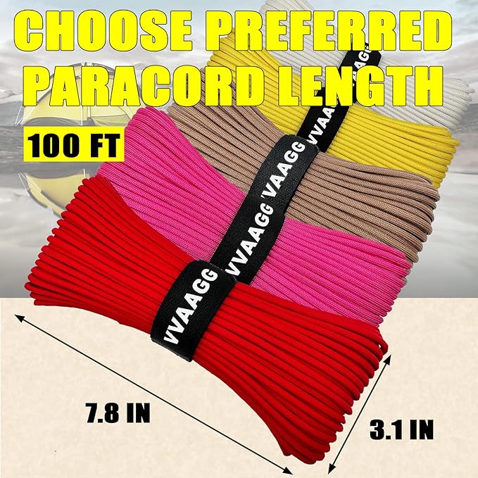 VVAAGG 1000 Red Paracord100FT Utility Parachute Cord 4mm Nylon String12 Strand Nylon Camping Rope, Tent Rope, Clothsline Rope for Survival & Camping Gear