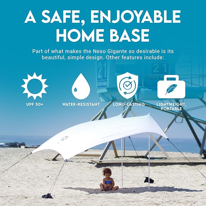Neso Gigante Portable Beach Tent Sun Shelter - Lightweight Beach Shade Canopy - Easy Setup for Family Outings - Patented Reinforced Corners - UPF 50+ Sun Protection - 8ft Tall, 11 x 11ft - White