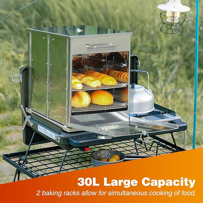 Lineslife Foldable Camping Oven with 2 Tier Grill, Portable 304 Stainless Steel Camping Stove with Thermometer for Use with Propane Stove and Wood Camping Stoves, Outdoor Cooking, Picnic