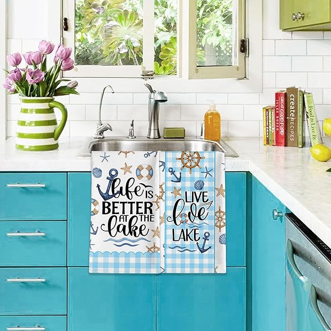 Lake House Decor, Lake House Gifts for Women, Summer Buffalo Plaid Kitchen Towels Sets 2 Pack, Life is Better at the Lake Dish Towels for Housewarming Birthday Mothers Day Christmas, 18x26 Inches