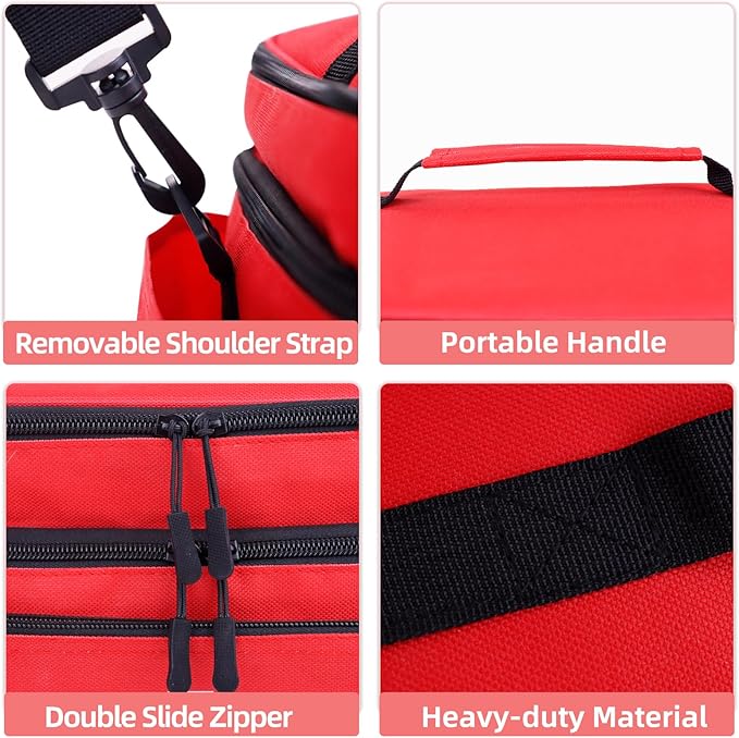 First Aid Bag Empty Large Medical Bag with Shoulder Strap 16”x 9½” x 7” Medicine Organizer Box Travel First Aid kit Emergency Supplies Storage Bag for Car, Home, Office, Outdoor (Red)