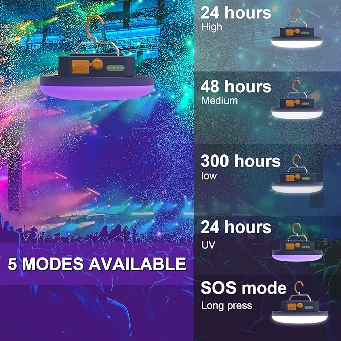 2pcs 10000mAh Rechargeable 3000LM Tent Light Camping Light, 6500K 24Hours Long Play Time , Outdoor Night Market Light Night Fishing Light Emergency Lights for Hurricane Tsunami disasters (UV)