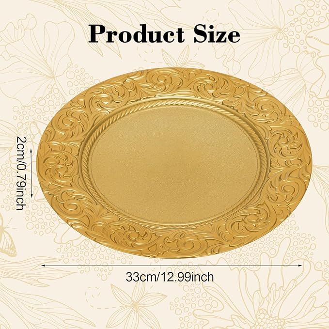 100 Pcs Gold Charger Plates Bulk, 13 Inch Round Charger Plate Set, Plastic Embossed Dinner Chargers Floral Plates for Wedding, Christmas, Party, Event, Decoration (Gold)
