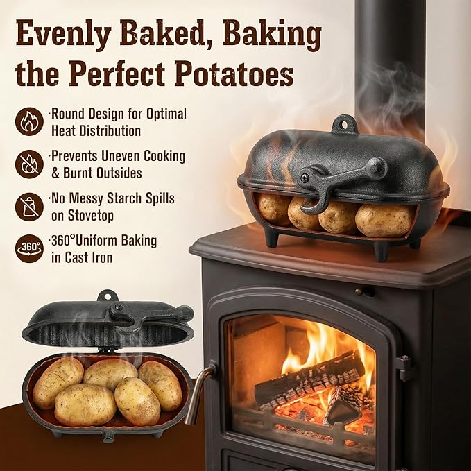 Enhon Cast Iron Baked Potato Cooker Latch, Cast Iron Potato Roaster for Wood Burners, Multifuel Stoves and Open Fires, Campsite Cooker for Flavorful Potatoes, Uniform Heating