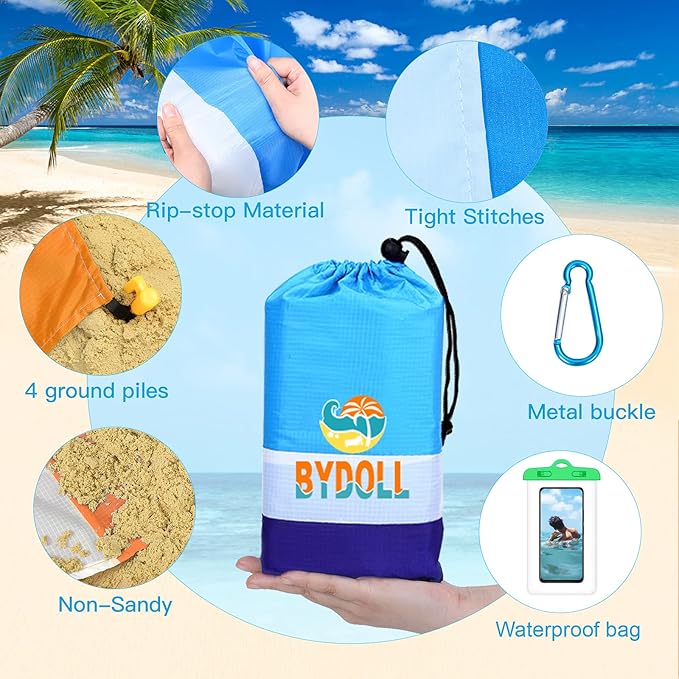 BYDOLL Beach Blanket 78''×81'' 4-7 Adults Oversized Lightweight Waterproof Sandproof Beach Blanket Large Picnic Mat for Travel Camping Hiking Picnic
