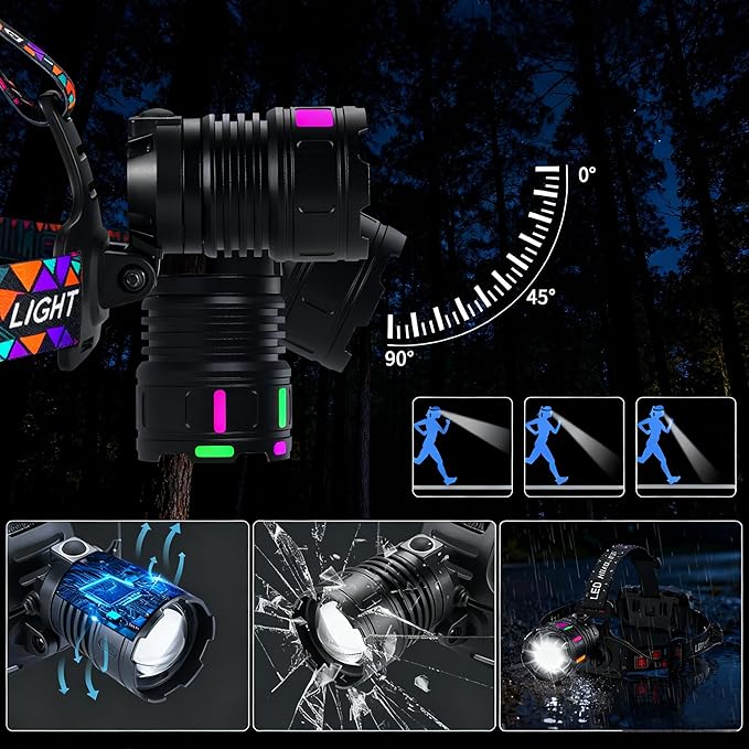 LED Rechargeable Headlamp, 90,000 Lumens Super Bright with 4 Modes & IPX6 Level Waterproof USB Rechargeable Zoom Headlamp, 90° Adjustable Outdoor Camping, Cycling, Climbing, Home