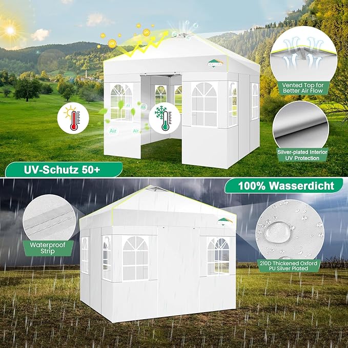 COBIZI 10x10 Pop Up Canopy Tent with 4 Removable Sidewalls, One Push Party Tent Outdoor Waterproof Event Canopy with Air Vent for Parties Commercial Wedding, 3 Height, Carry Bag, Sandbag, White