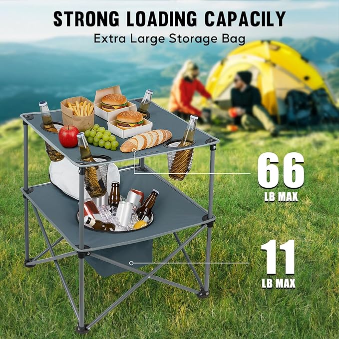 Portable Picnic Camping Table with Cooler, Folding Beach Table with 4 Tear Resistance Cup Holders, Tailgating Table Carry Bag for Travl, Beach, Summer Cookout Essential (Grey)