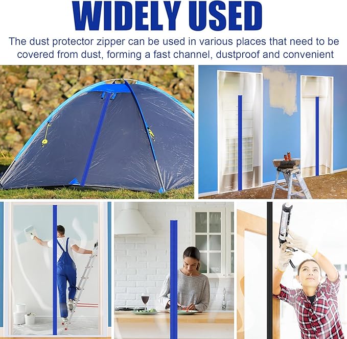 Tigeen 4 Roll Heavy Duty Zipper Door for Dust Barriers 7 ft x 3 Inch Self Adhesive Construction Zipper Door for Greenhouse Tent Accessories (Blue)