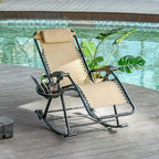 Outsunny Outdoor Rocking Chairs, Foldable Reclining Zero Gravity Lounge Rocker with Pillow, Phone & Cup Holder, Combo Design with Folding Legs, Beige