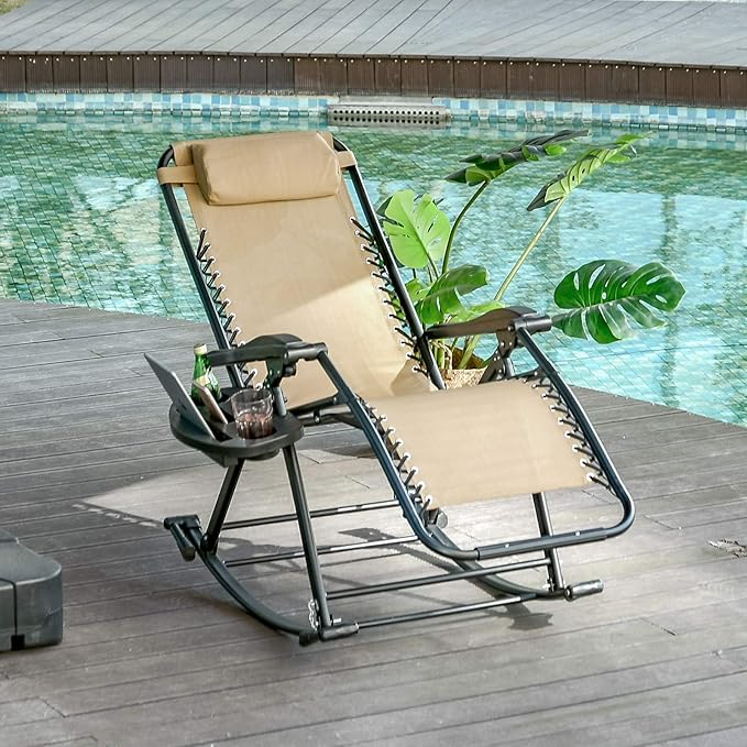 Outsunny Outdoor Rocking Chairs, Foldable Reclining Zero Gravity Lounge Rocker with Pillow, Phone & Cup Holder, Combo Design with Folding Legs, Beige