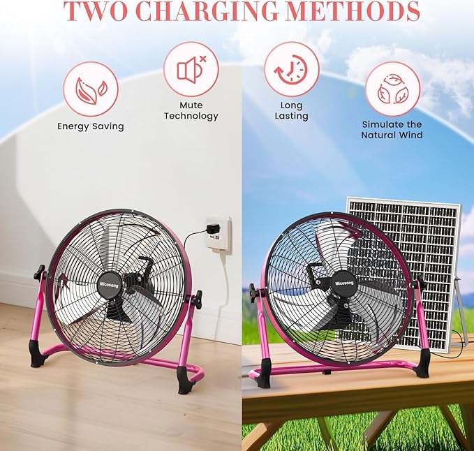18” Solar Powered Floor Fan, 40W Cordless Fan Outdoor, Long Lasting Battery Operated and Strong Airflow, USB Output, 360° Tilt, Quiet, Wireless, For Camping Travel Home Garage RV Patio