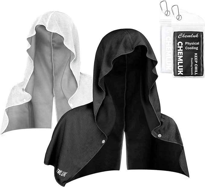 Cooling Hoodie Towel: Cooling Towels for Neck and Face, Instant Cool When Wet, UPF 50 Sun Protection, Cool Towel for Hot Weather, Great for Sports, Gym, Golf, Camping - 2 Packs