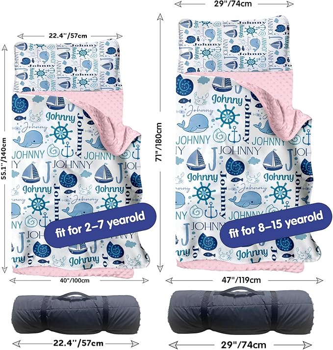 Personalized Toddler Nap Mat for Preschool, Custom Name Kids Sleeping Bag for Daycare, Kindergarten Roll Up Sleeping Mat with Removable Pillow and Soft Blanket, Fun Themes for Boys & Girls