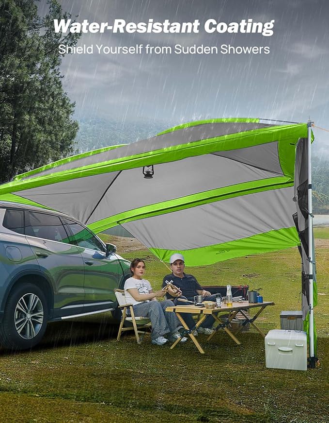 JOYTUTUS Versatile Vehicle Awning with 3 Removable Sides, Large Car Awning 11.5FT * 7.9FT, UV50+ and Waterproof PU2000mm Truck Canopy, SUV Camping Sunshade with 8 Storage Pockets,Gray Green