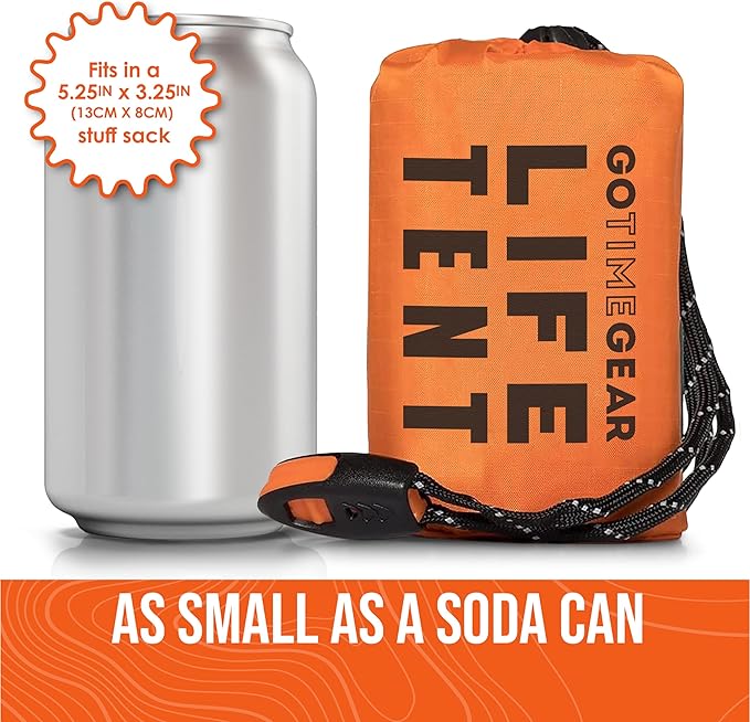 Go Time Gear Survival Life Tent • 2 Person Mylar Emergency Shelter Tube Tent + Paracord • All-Weather Protection for Camping, Hiking, & Survival Kits • Includes Emergency Whistle