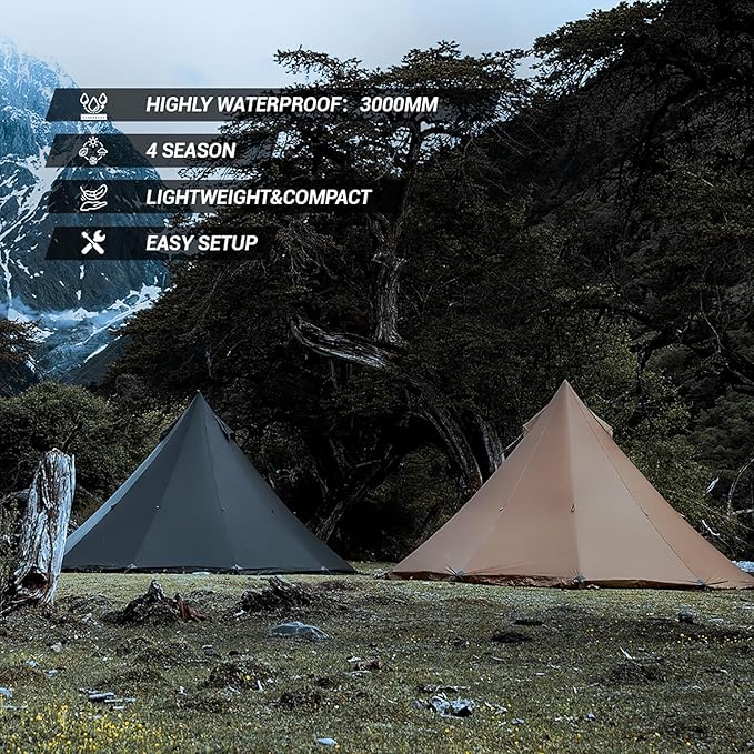 Tipi Tent Camping Hot Tent, Rheum Nobile Lightweight Teepee Waterproof with Stove Jack for 2-4 Person Hiking, Hunting, Backpacking