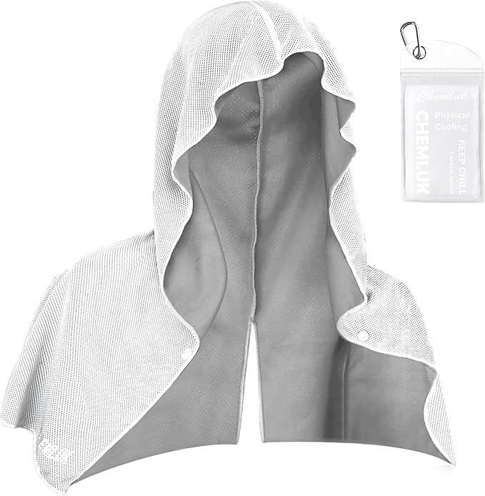 Cooling Hoodie Towel: Cooling Towels for Neck and Face Sun Protection Instant Cool for Hot Weather Hiking Camping Running Golf Gardening Fishing Music Festivals Theme Parks Beach - White