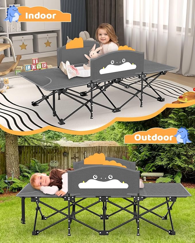 ZENPETIO Kids Camping Cot, Foldable Toddler Bed with Safety Rails & Glow-in-The-Dark Blanket, Sturdy Portable Design for Travel, Indoor Outdoor Cot for Toddlers Kids