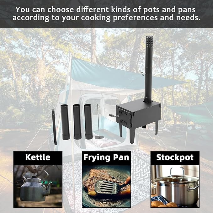 KUAFU Wood Burning Stove Tent Camping Stove for Outdoor Cooking Fishing Hiking Travel Portable Heater with Storable Chimney Pipes Mini Wood Stove
