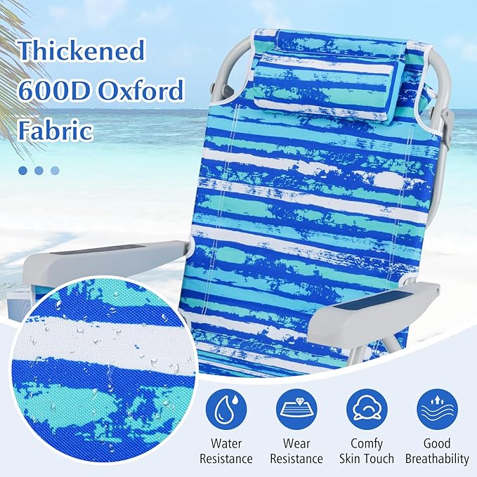 GYMAX Beach Chair, 330lbs Backpack Lounger with 5-Position Backrest, Storage Bag, Side Pocket, Towel Bar & Headrest, Foldable Low Beach Lounge, Portable Aluminum Lay Out Camp Chair (Blue Stripe,2)
