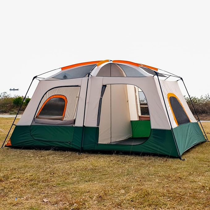 KTT Large Tent 8-10-12 Person,Family Cabin Tents,2 Rooms,2 Doors and 4 Windows with Mesh,Straight Wall,Waterproof,Double Layer,Big Tents for Outdoor,Picnic,Camping,Family Gathering